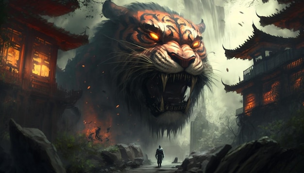 Painting of a tiger in cave with man walking away from temple generative ai