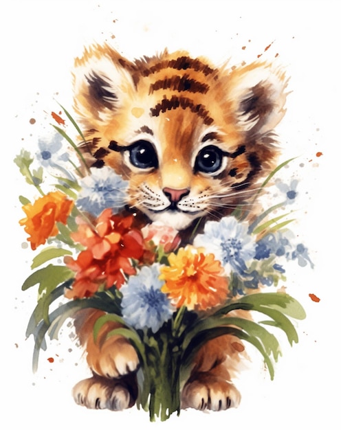 A painting of a tiger cub holding flowers.