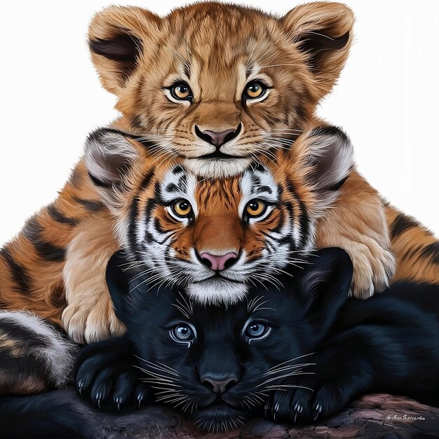 a painting of a tiger cub and two cubs