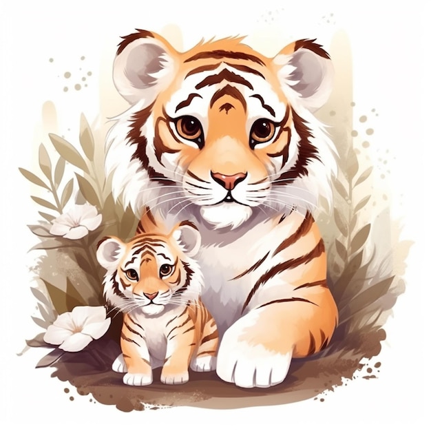 A painting of a tiger and a cub