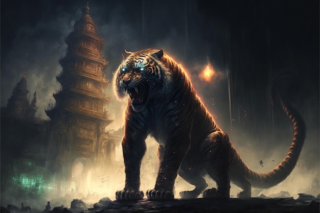 Painting of a tiger in the dark with temple background generative ai