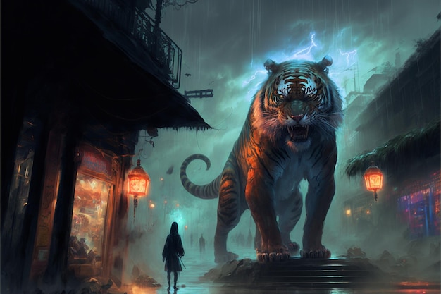 Painting of a tiger standing on platform with woman in black dress generative ai