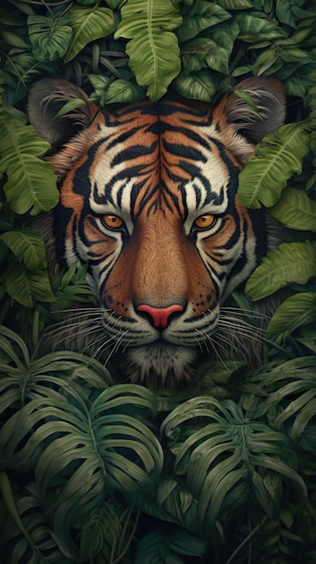 A painting of a tiger surrounded by leaves generative ai image