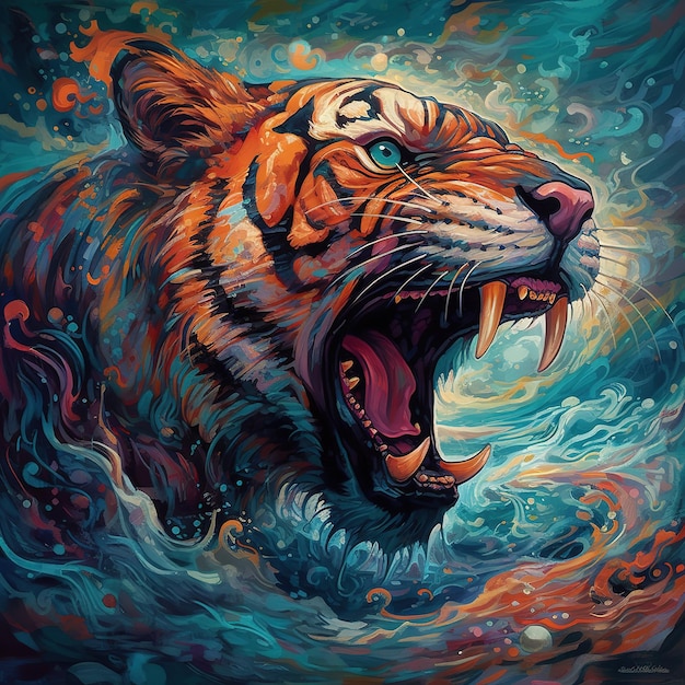 A painting of a tiger with blue eyes and a blue eye.