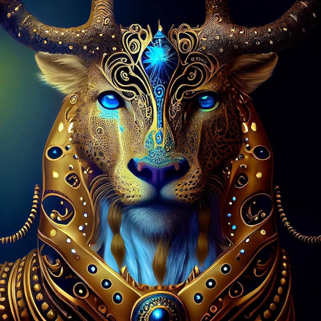 A painting of a tiger with blue eyes and gold necklace