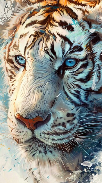 painting of a tiger with blue eyes in the water generative ai