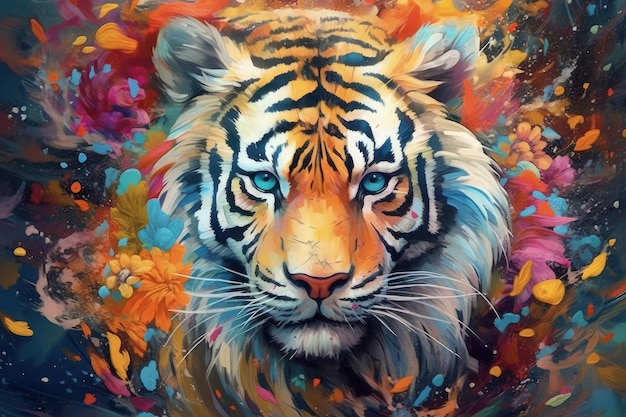 A painting of a tiger with blue eyes