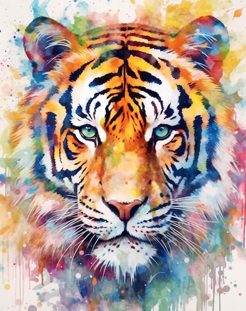 A painting of a tiger with blue eyes.