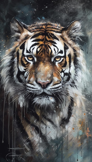 A painting of a tiger with a blue and orange background