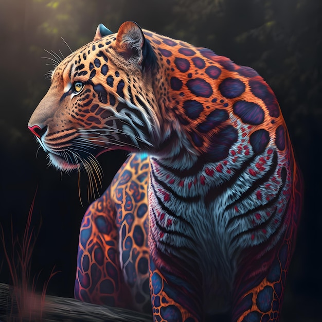 A painting of a tiger with a blue and orange pattern on its body.