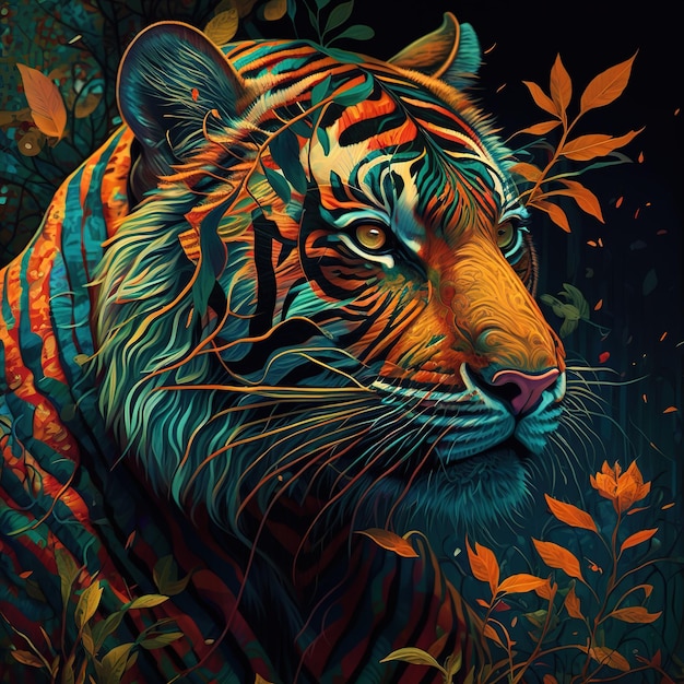 A painting of a tiger with a blue and orange stripes.