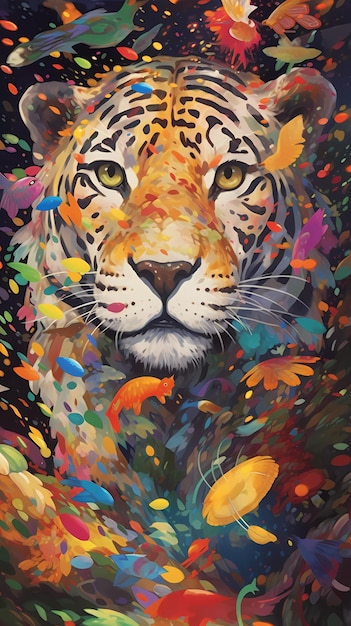 A painting of a tiger with colorful leaves on it