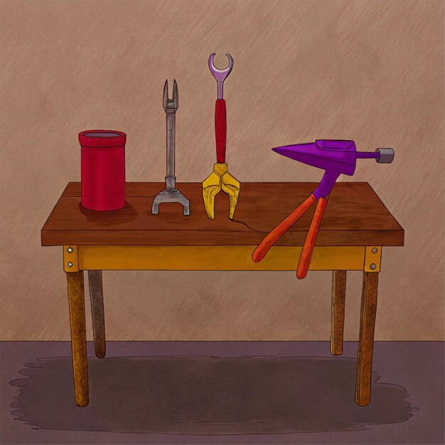 a painting of tools and tools on a table with a red candle