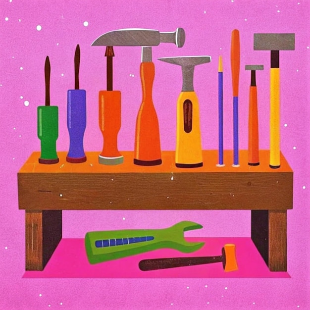 a painting of tools and tools with a pink background