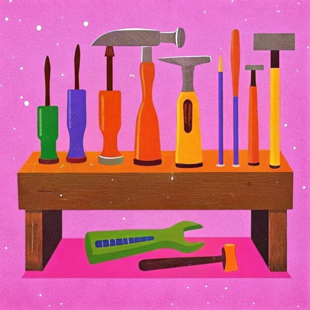 Photo a painting of tools and tools with a pink background