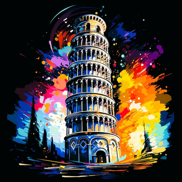 a painting of a tower with trees and a colorful background