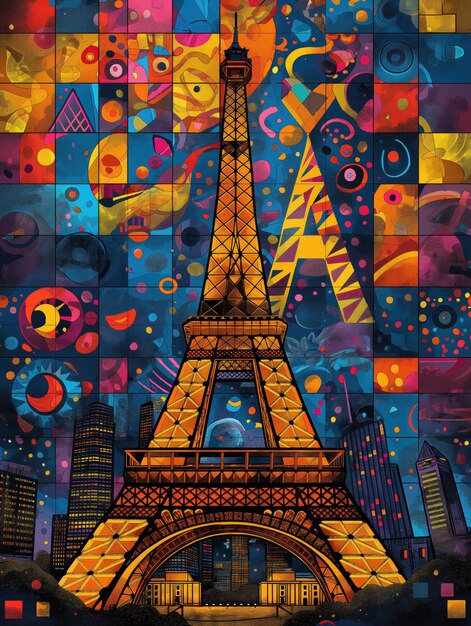 a painting of a tower with the word eiffel on it