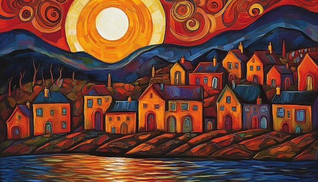 A painting of a town by the sea.