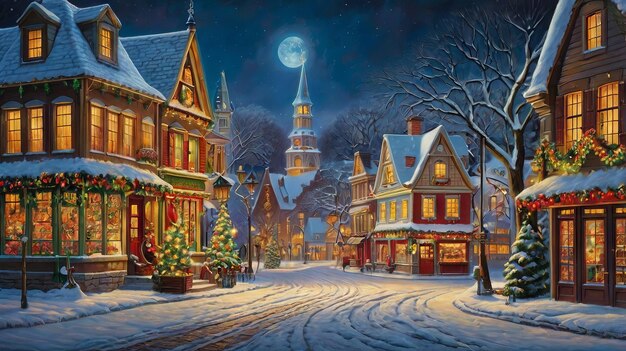 a painting of a town with a christmas tree in the background