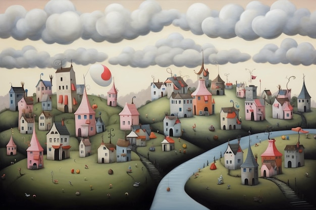 A painting of a town with a river and a red drop on the top.