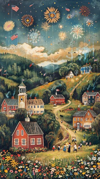 Photo a painting of a town with a town in the background