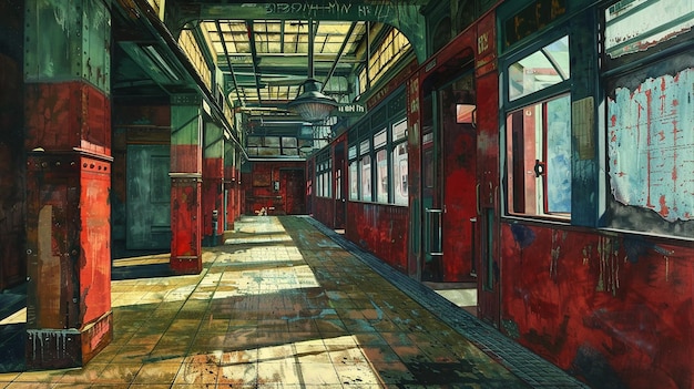 A painting of a train station in the Cubist style