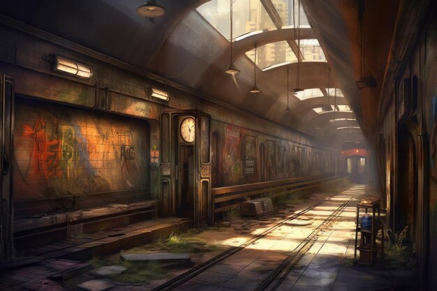 A painting of a train station with a clock on the wall.