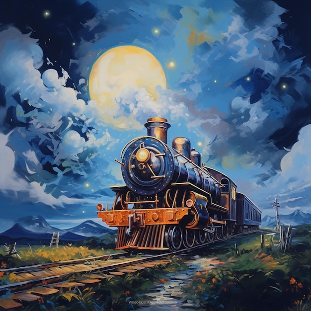 painting of a train on a track with a full moon in the background generative ai