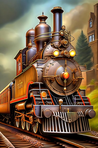 a painting of a train on a train track ai generated