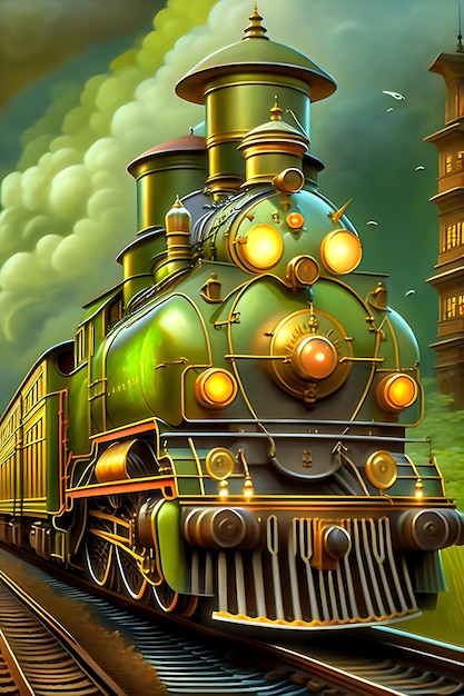 a painting of a train on a train track ai generated