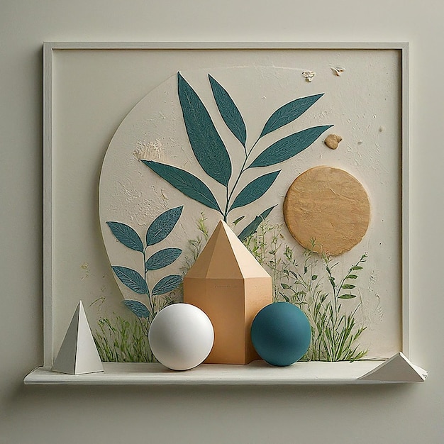 Photo a painting of a tree and a ball on a shelf