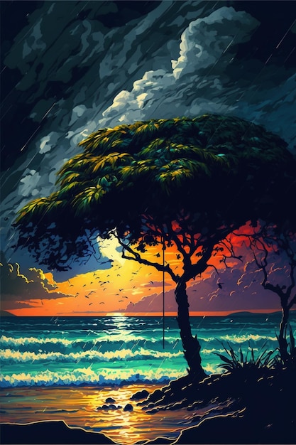 Painting of a tree on the beach generative ai