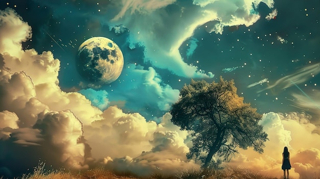 a painting of a tree and clouds with a moon in the sky