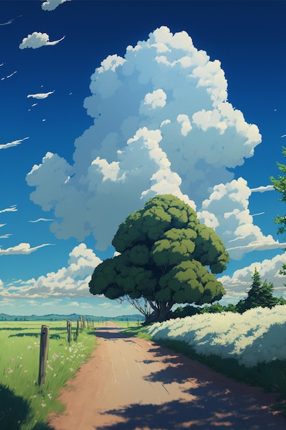 Painting of a tree on a dirt road generative ai