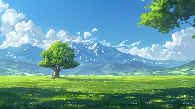 a painting of a tree in a field with mountains in the background