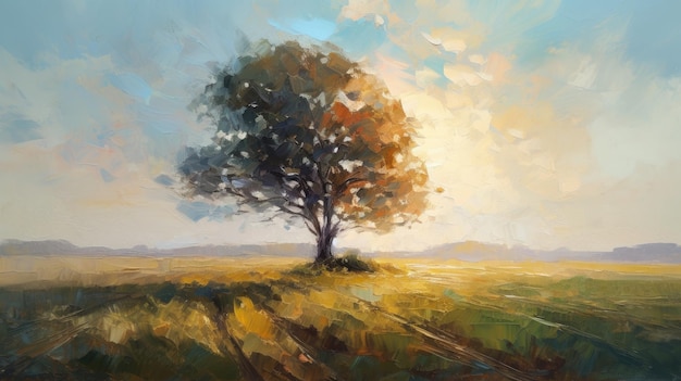 A painting of a tree in a field with the sun shining on it.