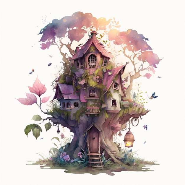 A painting of a tree house with a fairy tale story on it.