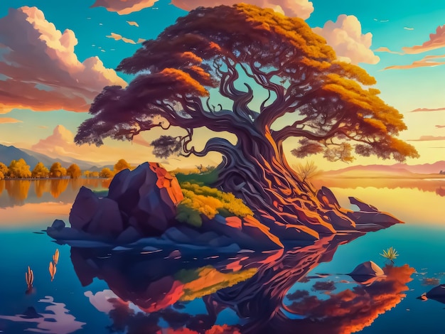 A painting of a tree on a lake with the sky in the background