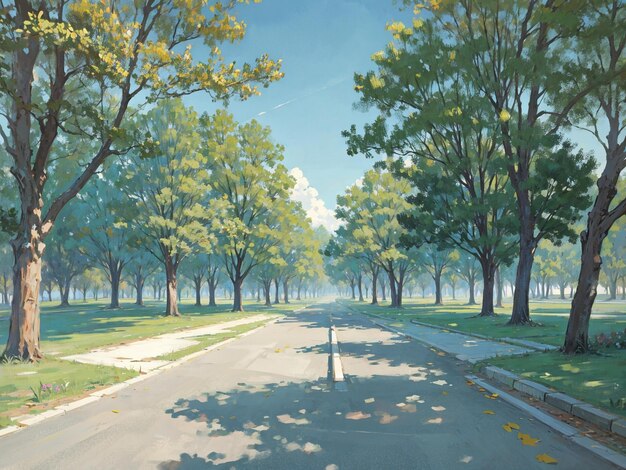 Photo a painting of a tree lined street with a yellow line in the middle