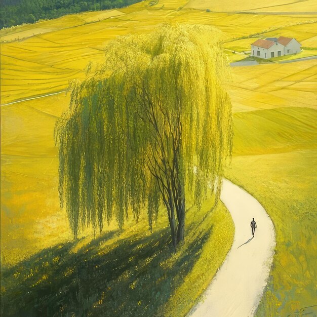 Photo a painting of a tree and a man on a road in a field with a house in the background