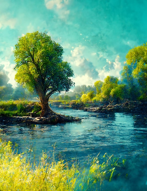 Painting of a tree in the middle of a river generative ai