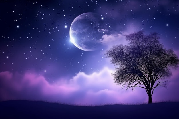 Photo a painting of a tree and the moon with a purple sky and a tree with the moon in the background