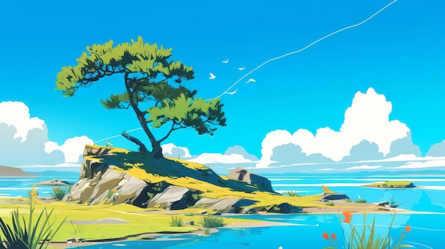 a painting of a tree and the ocean in a blue sky