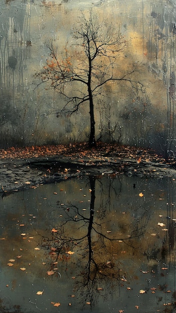 a painting of a tree reflected in a puddle