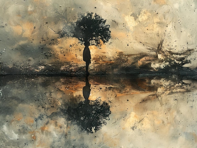 Photo a painting of a tree and the reflection of a man in a water