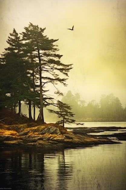 A painting of a tree on a rocky island with a bird flying in the sky