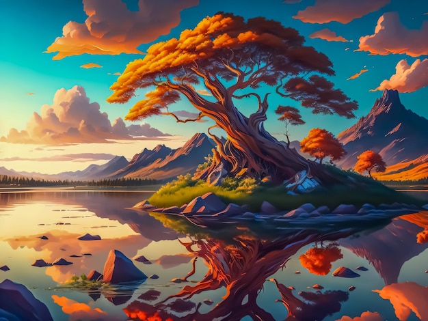 A painting of a tree on a small island with mountains in the background