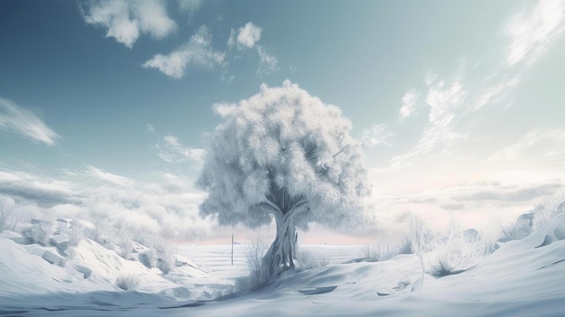 A painting of a tree in the snow