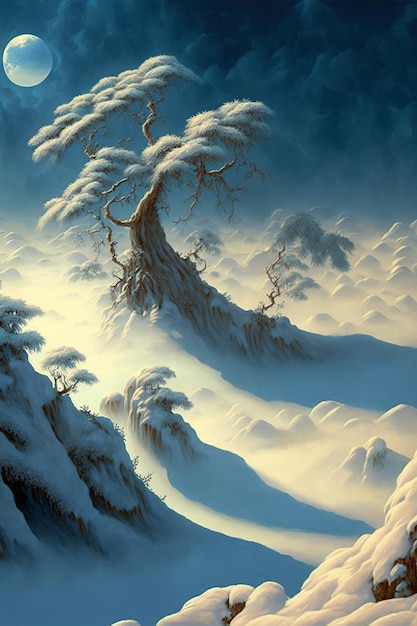 Painting of a tree in a snowy landscape generative ai