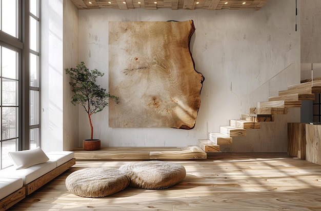 a painting of a tree and stairs in a room with a tree on the wall